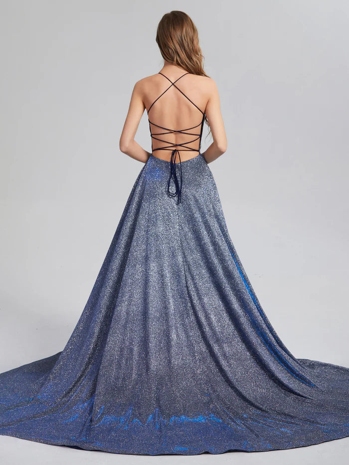 Sparkly A-line Spaghetti Straps Sleeveless Crisscross Back Court Train Prom Dress